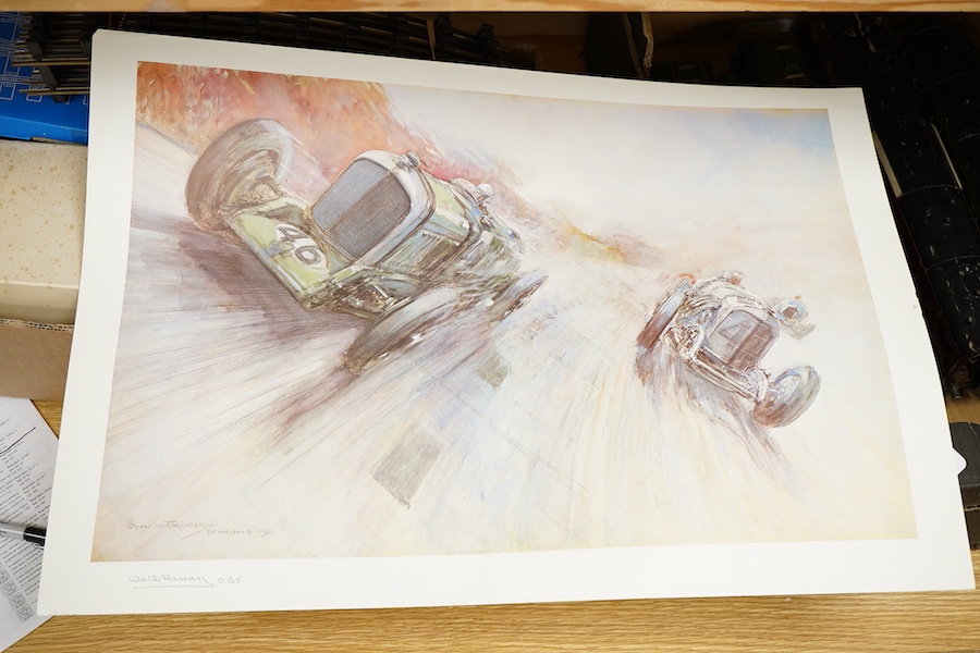 Two framed and signed motor racing lithographs by Anthony Heal and Walter Hassan of Le Mans and Brookslands racing scenes, the largest frame 61.5 x 76cm, together with a folio containing a large number of unframed simila